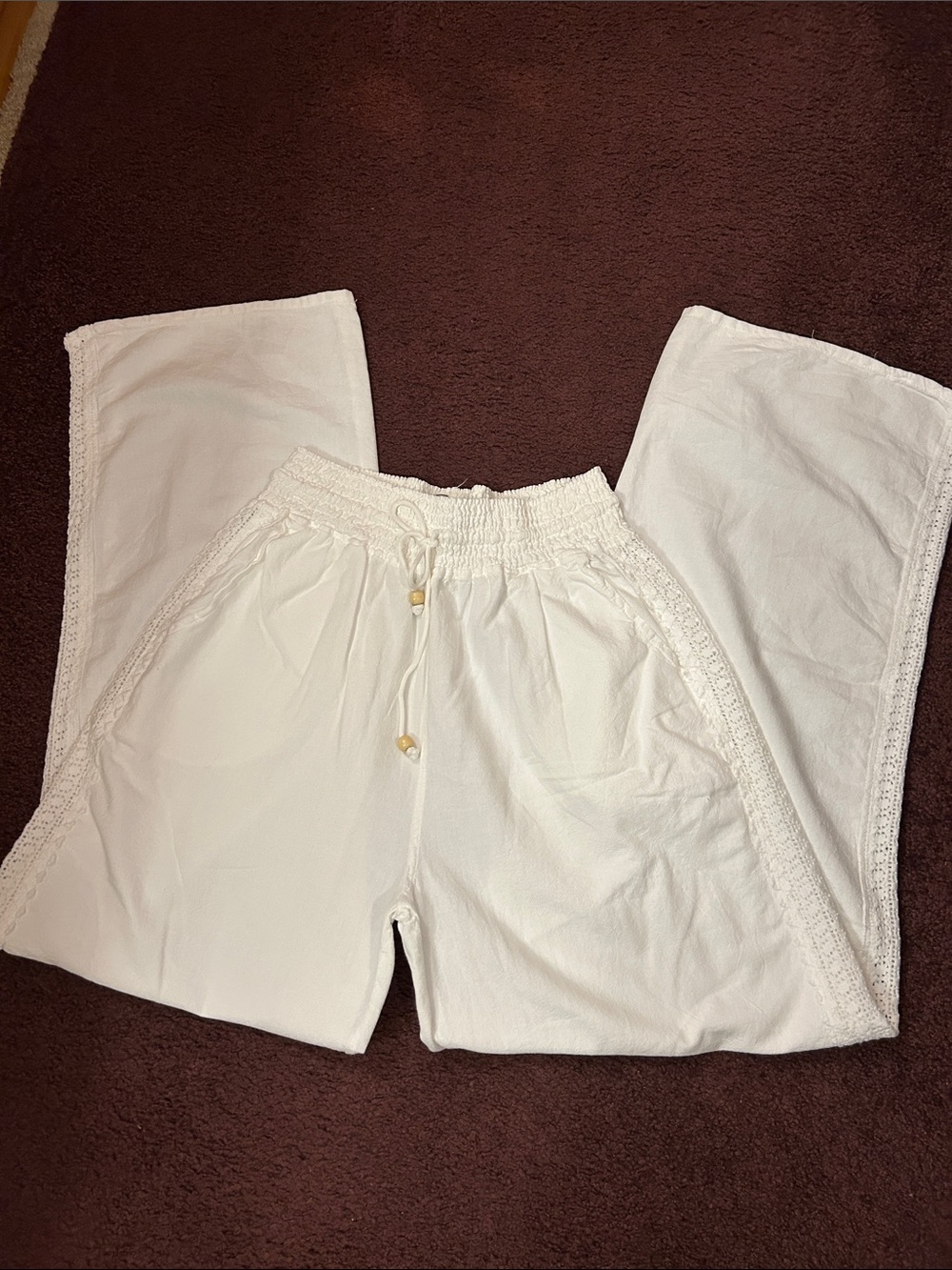 Women's White Drawstring Casual Lounge Pants  Lace Trim 100% Peruvian cotton
